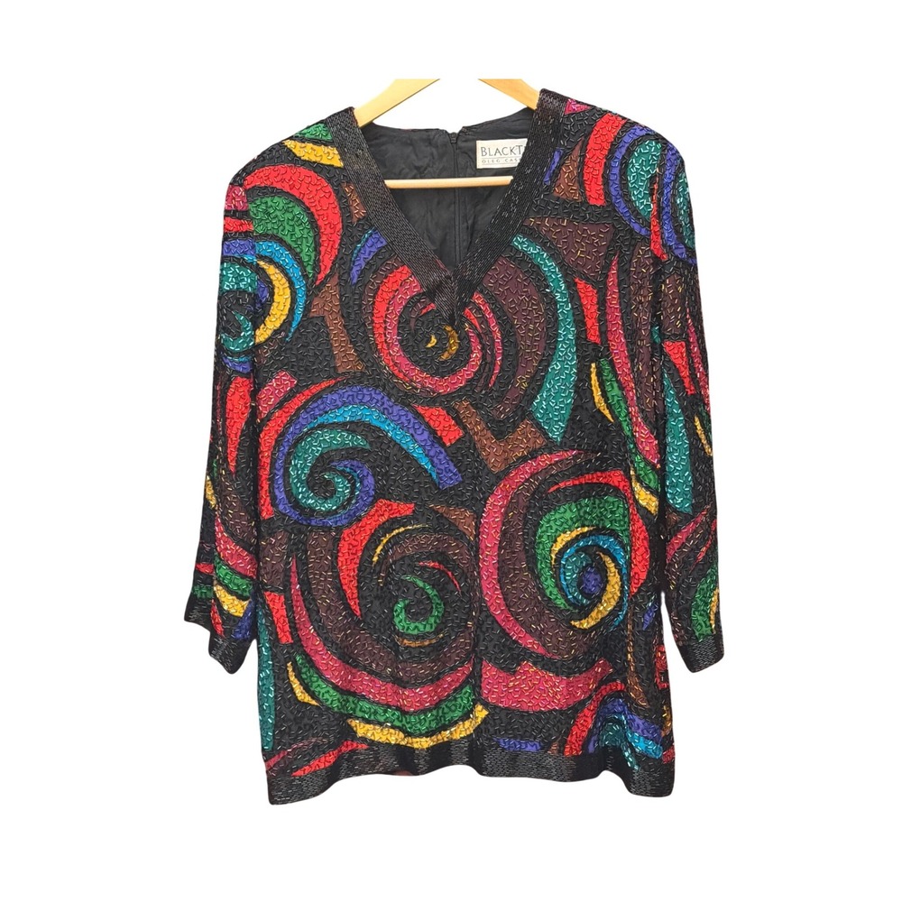 Vintage Oleg Cassini Black Tie Beaded Silk Top Maximalist Art Deco 80s Glam